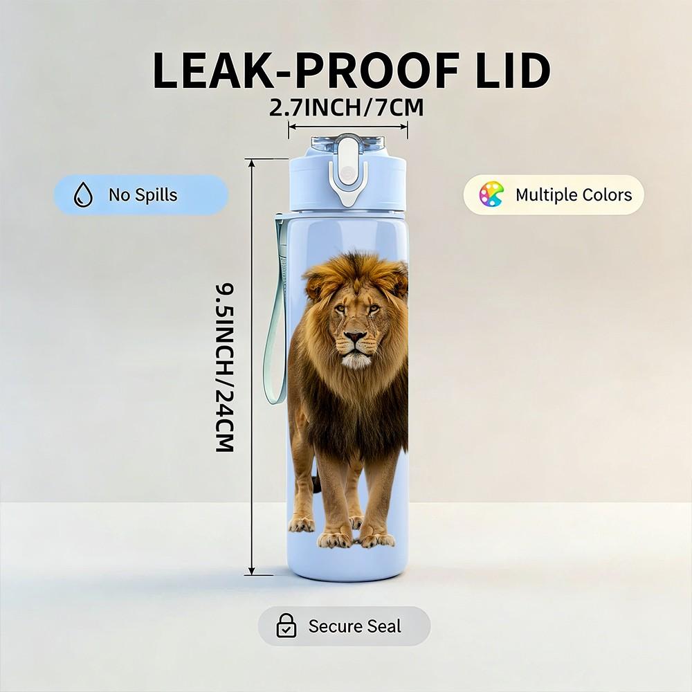 1PC Big Lion King Wild Animal Print 750ml Color Plastic Sports Water Bottle Leakproof Flip Straw Lid Suitable for Sports Office Home Use
