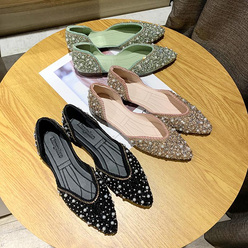Fashion Pearl Flats Party Spring Summer Pointed Toe Slip On Sexy Lady Loafers Sandals Rhinestones Women Flat Heel Crystal Shoes
