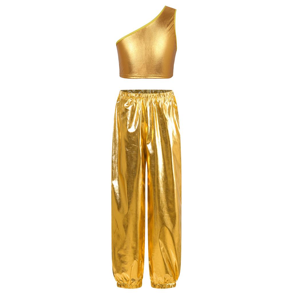Girls Party Performance Outfit One Shoulder Sleeveless Metallic Vest Shiny Pants Dance Costume Stage Set