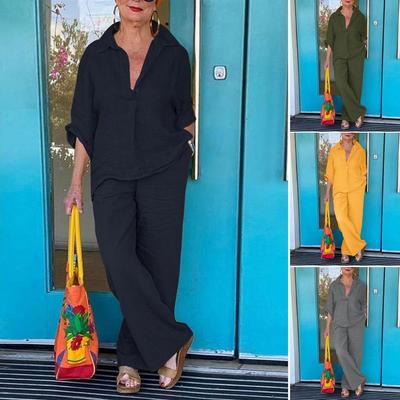 Весна и лето Большие размеры Женские комплекты из хлопка и льна из двух предметов Спортивный брючный костюм с блузкой и рукавом 3/4