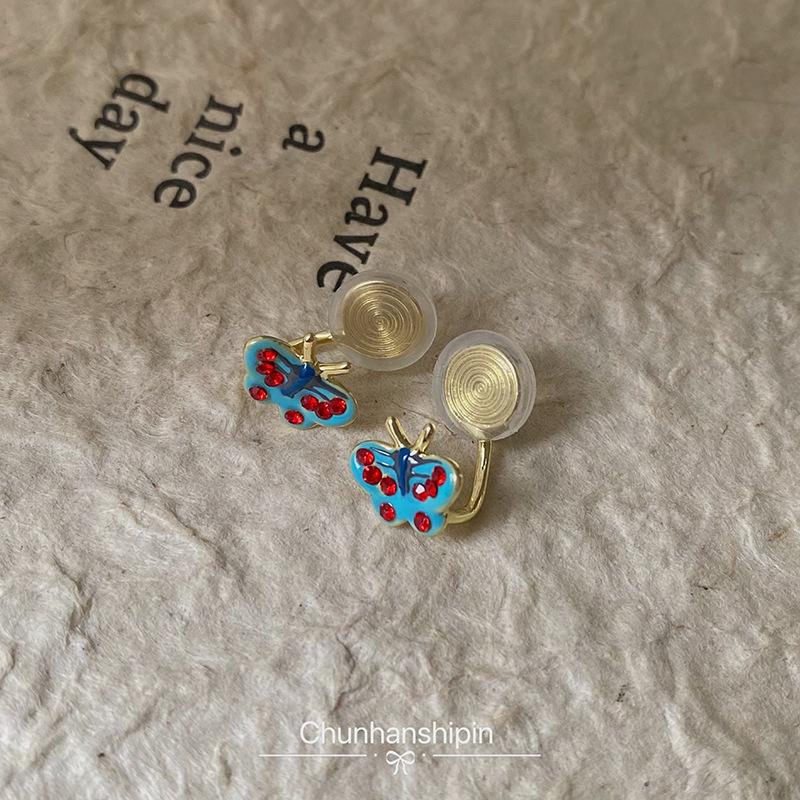 Mini cute blue oil-dripping butterfly ear clips female simple and small retro enamel stud earrings exquisite versatile mosquito coil disc