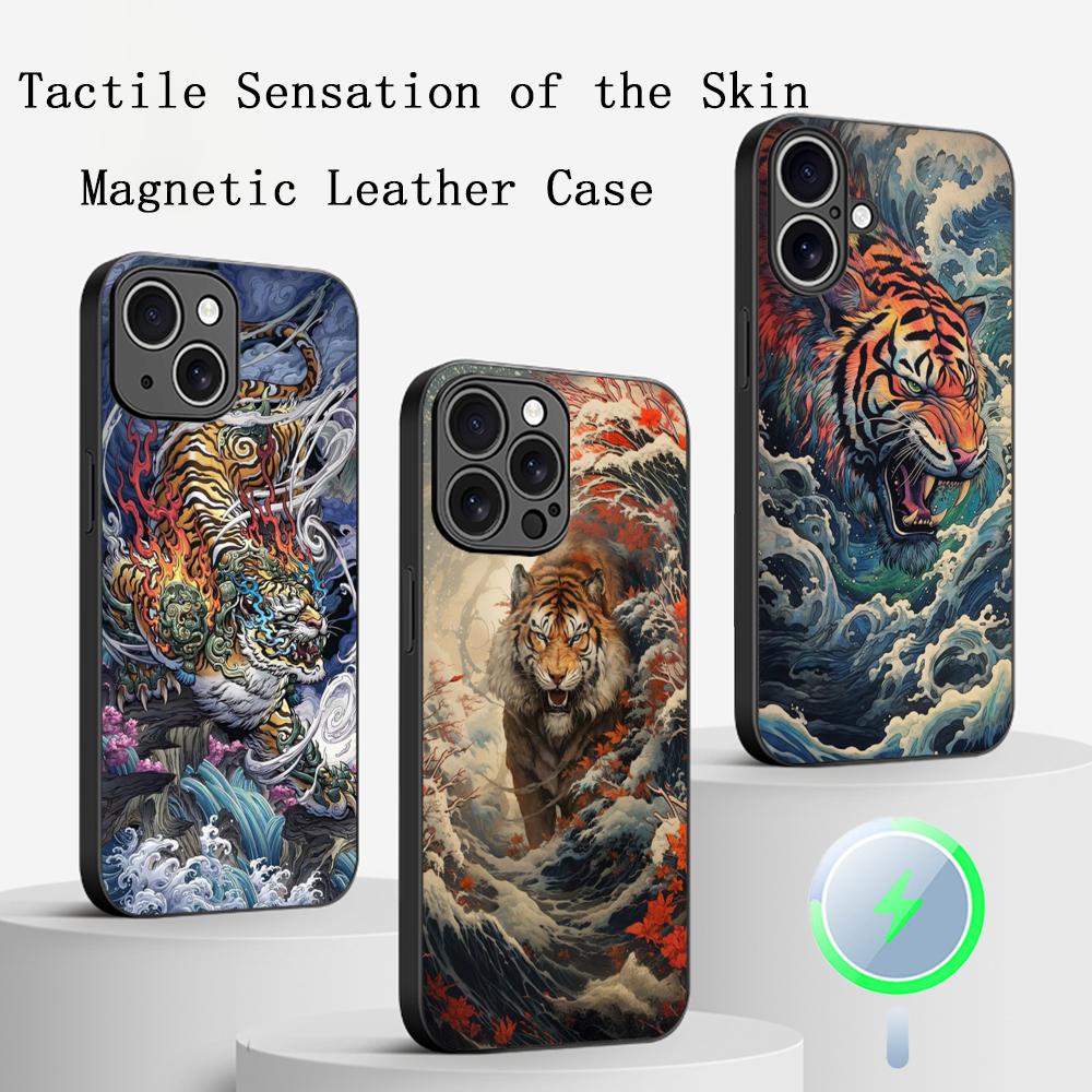 Japanese Tiger Art fashion design Phone Case For iPhone 16 15 14 13 12 11 Plus Pro Max High-end Luxury Magsafe Sheepskin