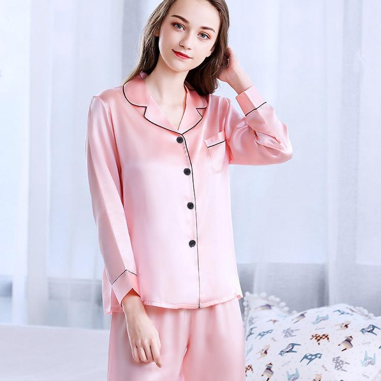 Женский пижамный комплект из атласного шелка на пуговицах, комплекты пижам с длинным рукавом и V-образным вырезом, домашняя одежда для сна