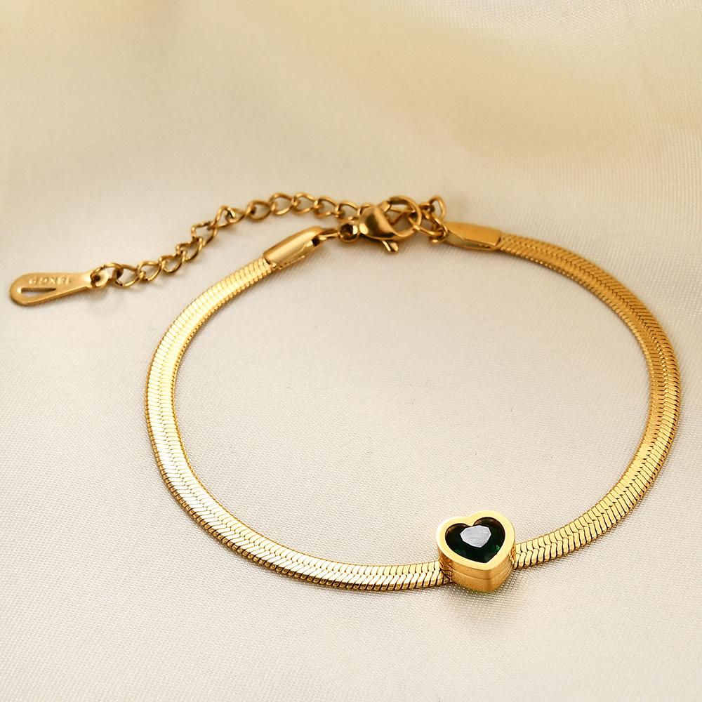 Браслет-сердце из нержавеющей стали с покрытием 14K золотом, с бриллиантом и цирконами зеленого, белого и розового цветов