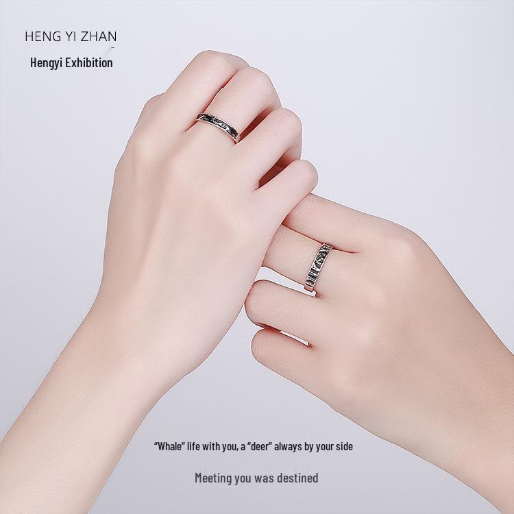Кольца для пар Whale & Deer s999 из чистого серебра в ретро-стиле: Японский и корейский нишевый дизайн, открытые парные кольца, рождественский подарок