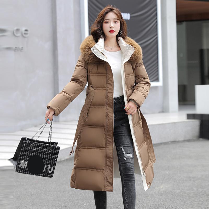 Women's Autumn And Winter Overcoat Long Knee-length Down Cotton Jacket Large Wool Collar Slim Fitting Waist Band Cotton Jacket