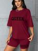 Plus Size Fashionable All-Match Shorts Short-Sleeved Suit Queen Letter Print Simple and Comfortable Two-Piece Suit 2024 New