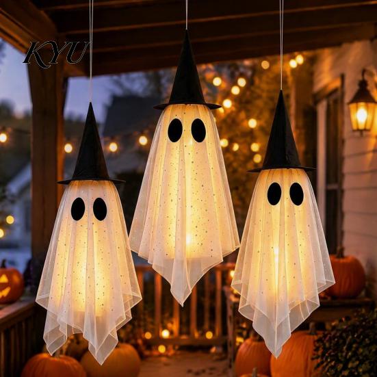 Spooky Yard Tree Hanging Ornaments 3 Pcs Halloween Ghost Decoration, Large Mesh for Patio with Witch Hat Porch, Yard, Entryway, Haunted House