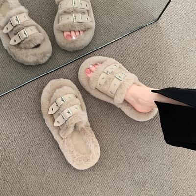 Пушистые тапочки на толстой подошве для женской уличной обуви 2025 новые осенне-зимние хлопковые тапочки, модные пушистые тапочки интернет-знаменитости, весна и су