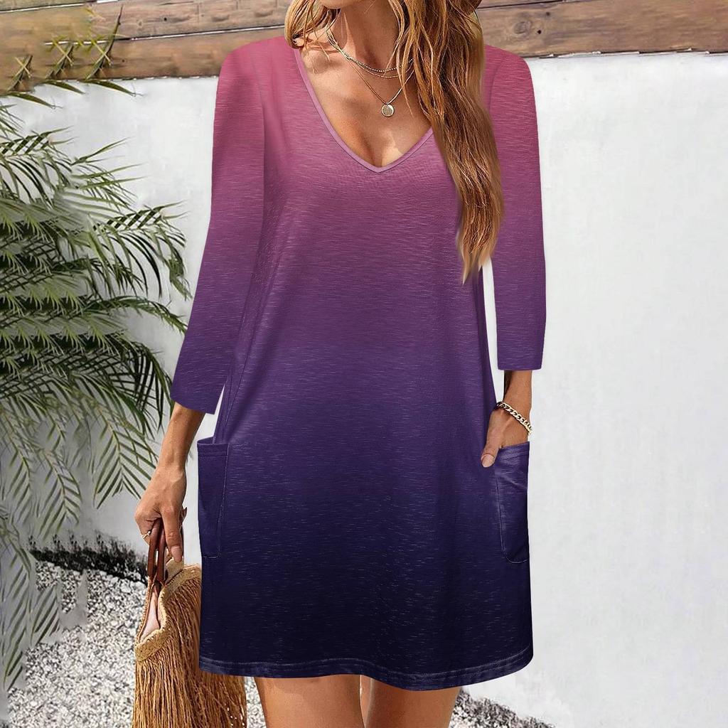 Women's Casual And Fashionable V-neck Gradient Printed Pocket 3/4 Sleeve Loose Fitting Dress