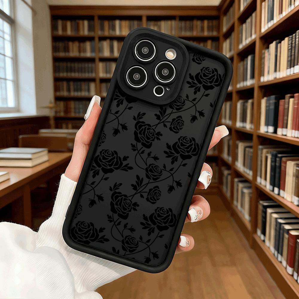 Черные Розы на Белом Чехле для Телефона для iPhone 17 16 15 14 13 12 11 Pro Max Plus, Защитный Гибкий Гелевый, Противоударный