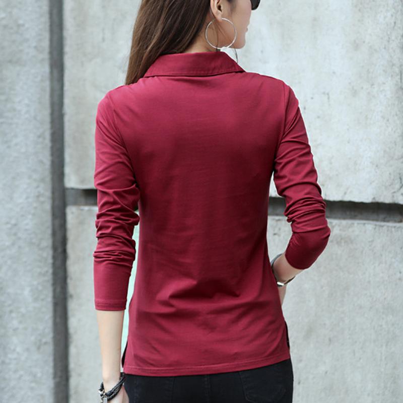 Футболка на пуговицах, женские осенние топы с поворотным воротником, тонкая хлопковая футболка, женская женская одежда с длинными рукавами, футболка Femme