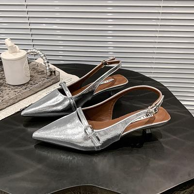 2025 Женские Сексуальные Туфли на Высоком Каблуке Женские Сандалии Летняя Мода Острый Носок Низкий Каблук Лодочки Слингбэки Элегантная Женская Обувь на Каблуке