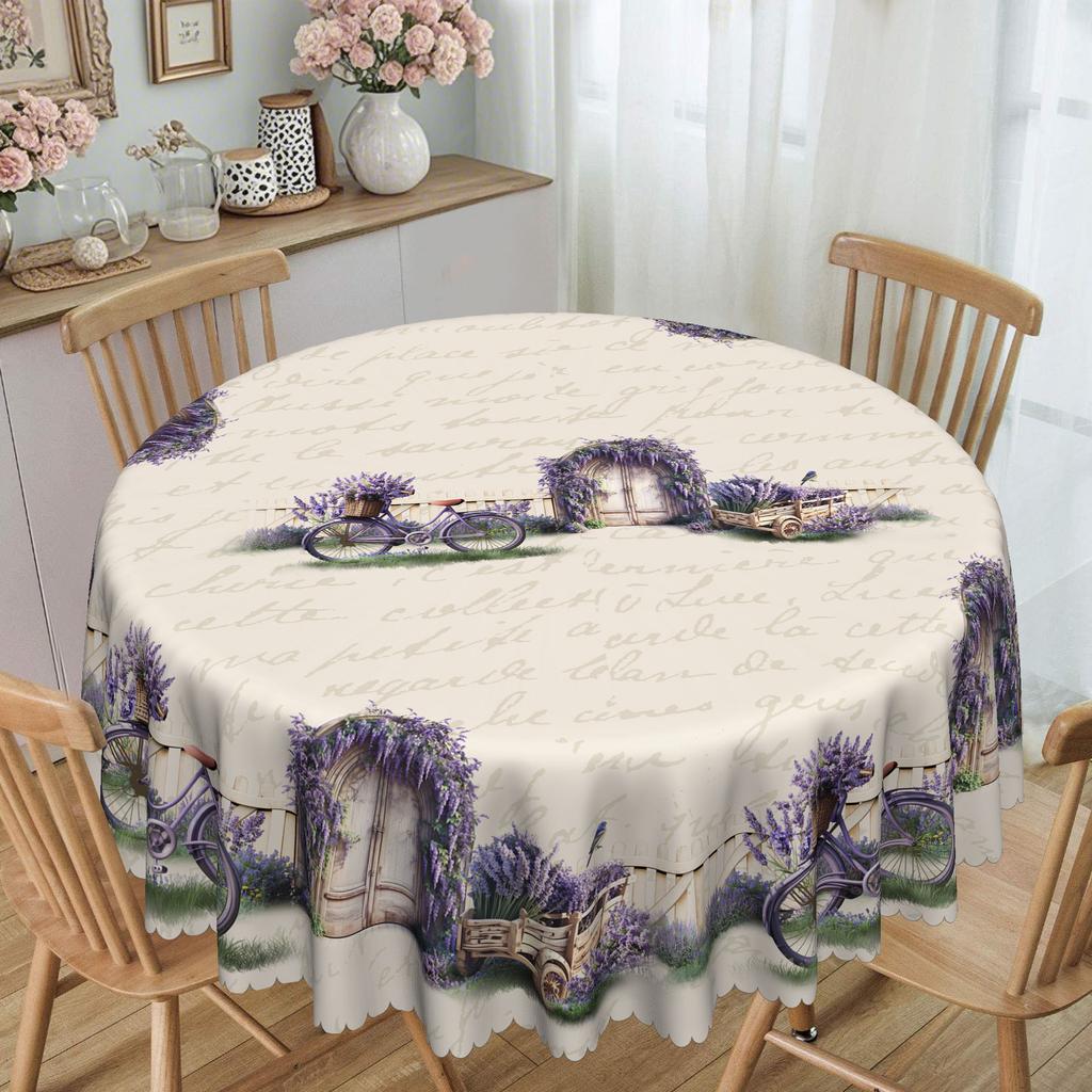 Charming Lavender Retro Round Tablecloth, Purple Floral And Bicycle Garden Design - Rustic Grid