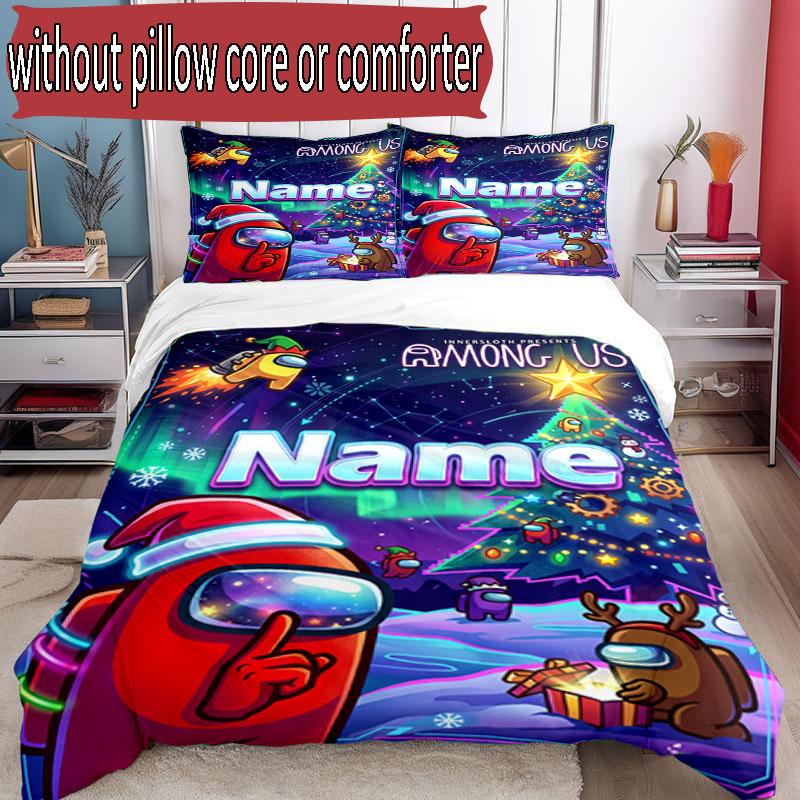 3pcs Duvet Cover Set (1*Duvet Cover + 2*Pillowcase, Without Core), Custom Name Among Us Pattern Bedding Set, Home Bedroom Decor Gift