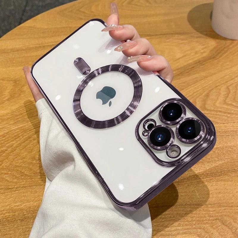 Luxury Wireless Charge Magsafe Phone Case For iPhone 15 14 13 12 11 Pro Max Plus Transparent Magnetic Electroplate Bumper Cover