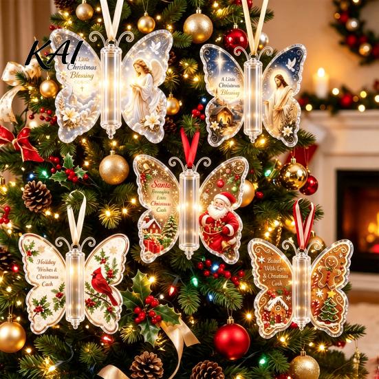 Transparent Acrylic Christmas Pendant Money Holder Ornament, Cash Hanging Decor with Vintage Reusable Ornament Butterfly Print, Holiday Party