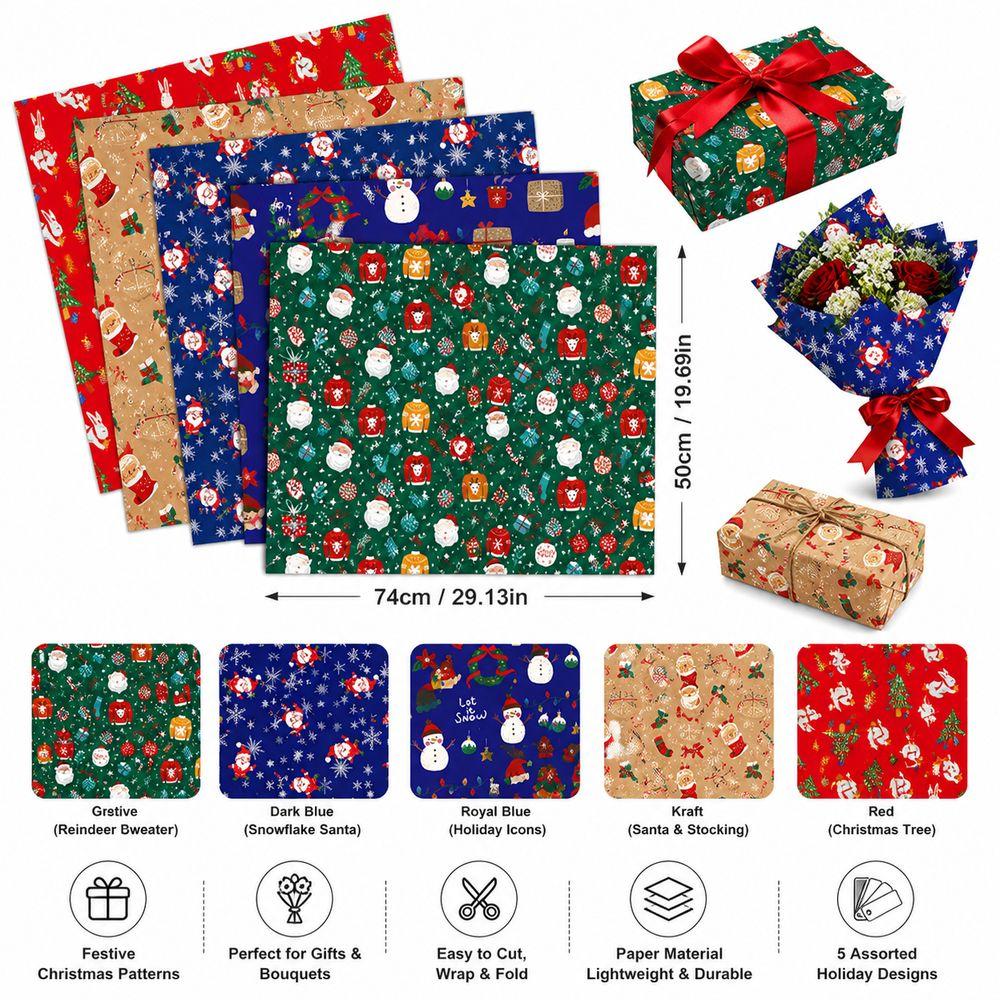 5PCS Festive Printed Christmas Wrapping Paper Gift Wrap Sheet Holiday Craft Supplies