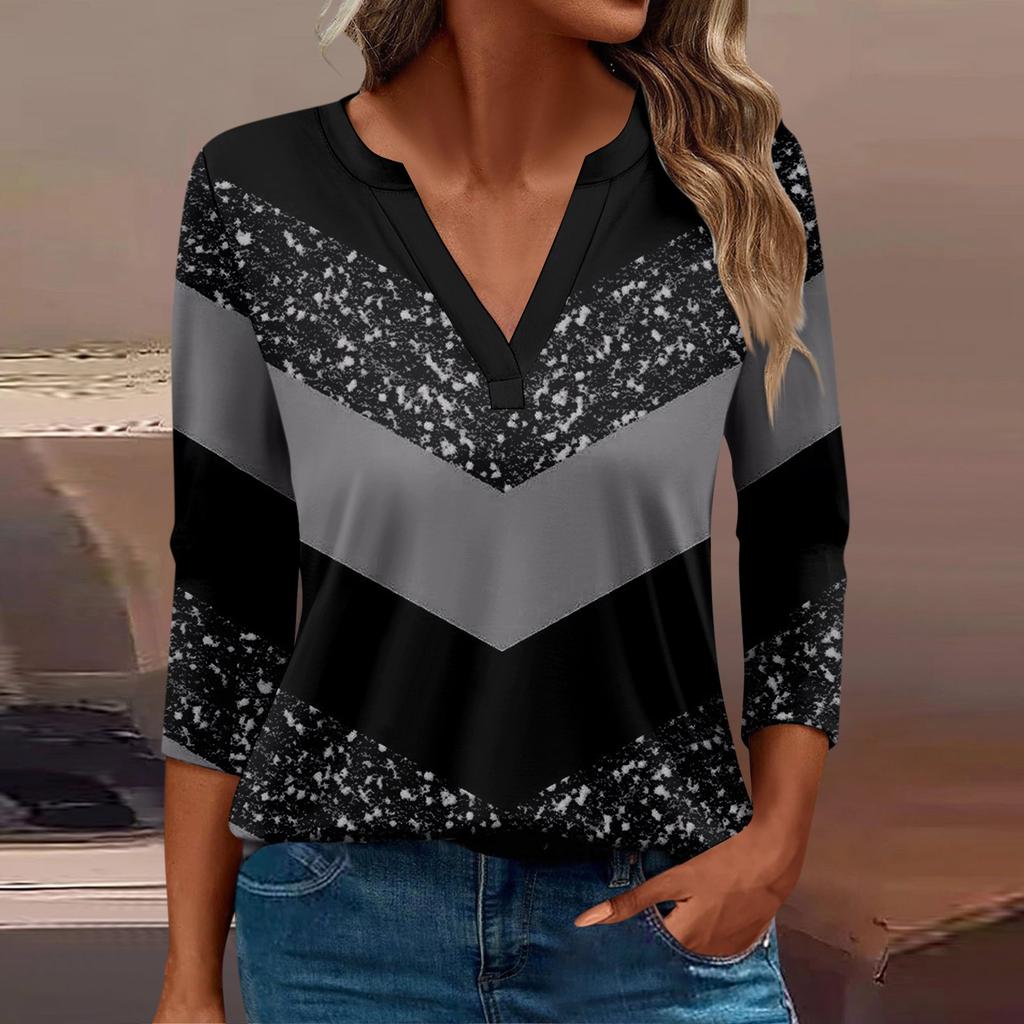 Женская футболка Футболка с принтом Рукав 3/4 Повседневные Выходные Мода Базовый V-образный вырез Обычный топ