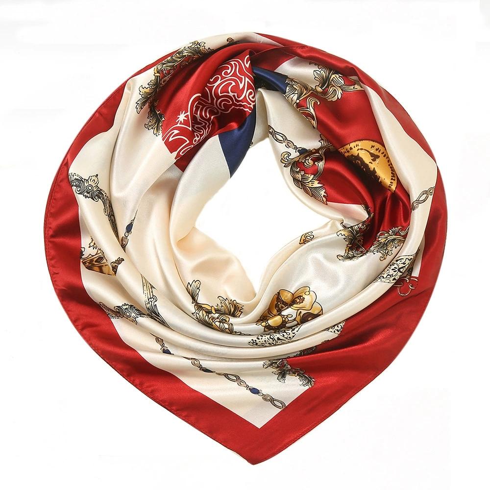 Women Imitation Silk Scarf Luxury Printed Hijab Silk Satin Shawl Foulard Square Head Scarves Wraps For Ladies 90x90CM