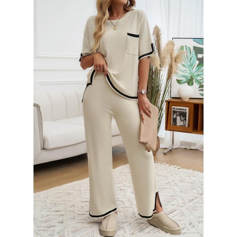 Women's Autumn and Winter Temperament Communicator Collision Short Sleeve Long Pants Sweater Set
