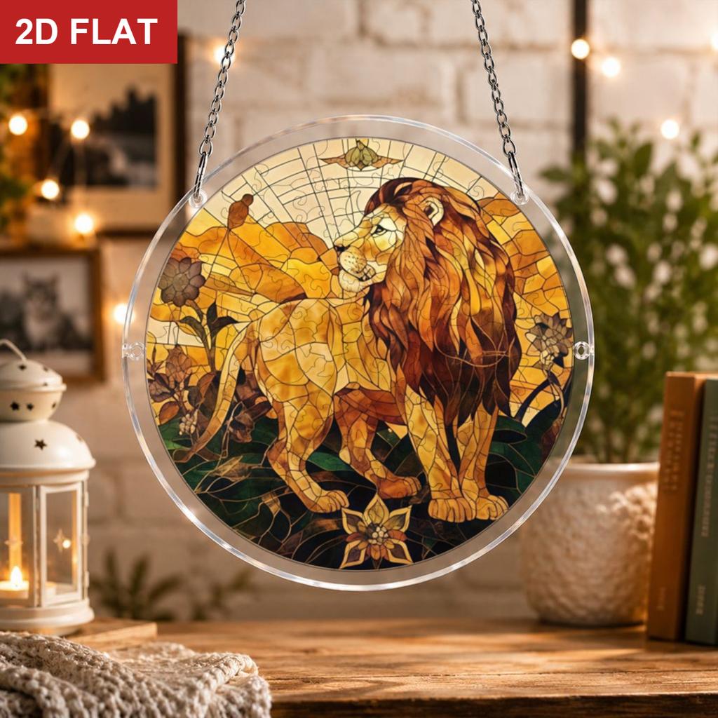 2D Flat, Golden Lion & Flower Acrylic Puzzle Suncatcher - 2D Flat Hanging Ornament Suitable for Home & Garden Decor, Tabletop or Window Decoration, Cr