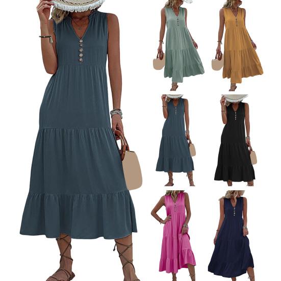Женское летнее платье с V-образным вырезом без рукавов в стиле пэчворк, трапециевидный подол, чистый цвет, декор на пуговицах, большие качели, мягкое платье до середины икры для отдыха, пляжное платье миди