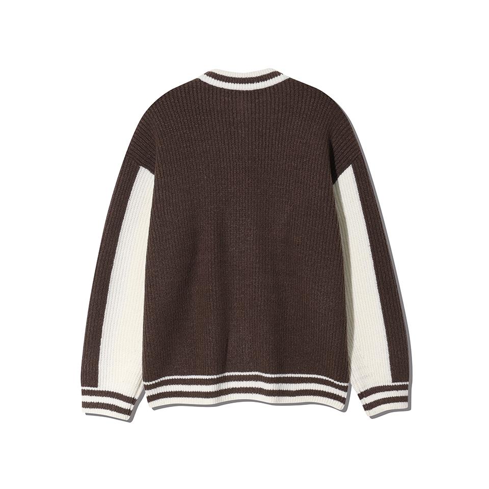 NODU Varsity Color Block Two-Way Round Zip-Up Knit Jacket [Brown]