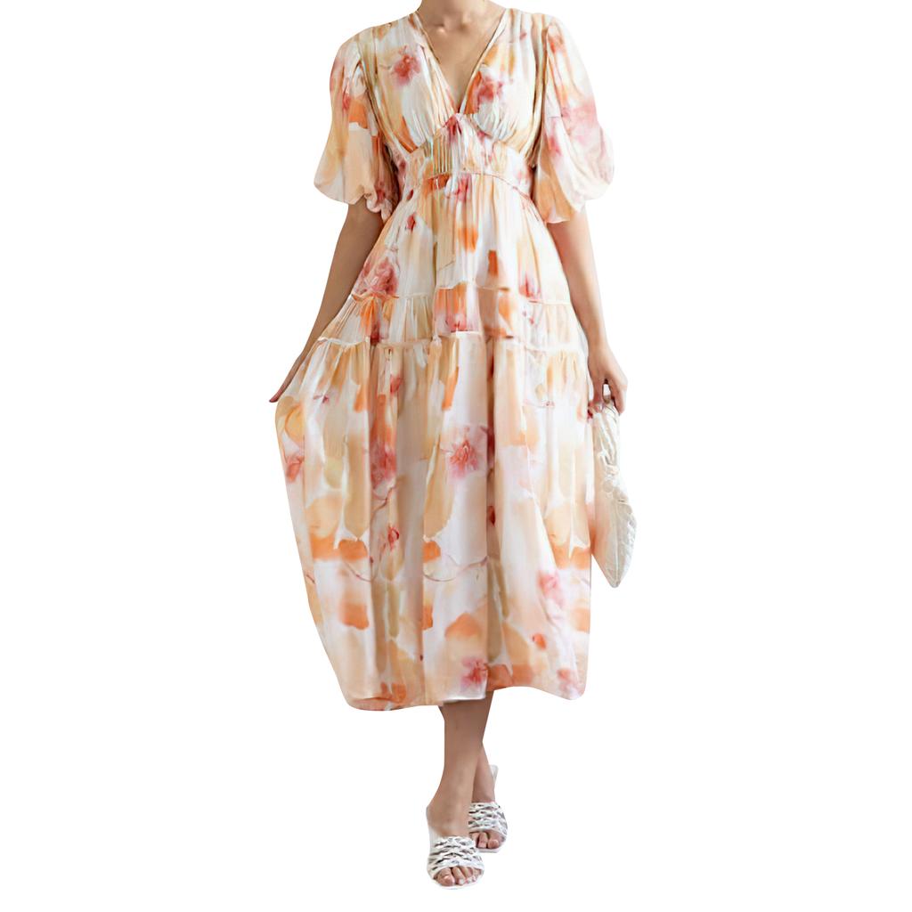 Women's Bohemian Floral Midi Smocked Beach Loose Casual Dress
