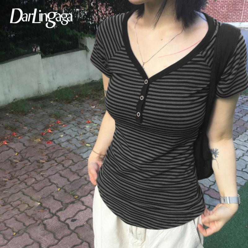 Корейская мода Полосатый V-образный вырез на пуговицах Приталенные футболки Женский летний топ с коротким рукавом Футболки Эстетика Y2K Новинка