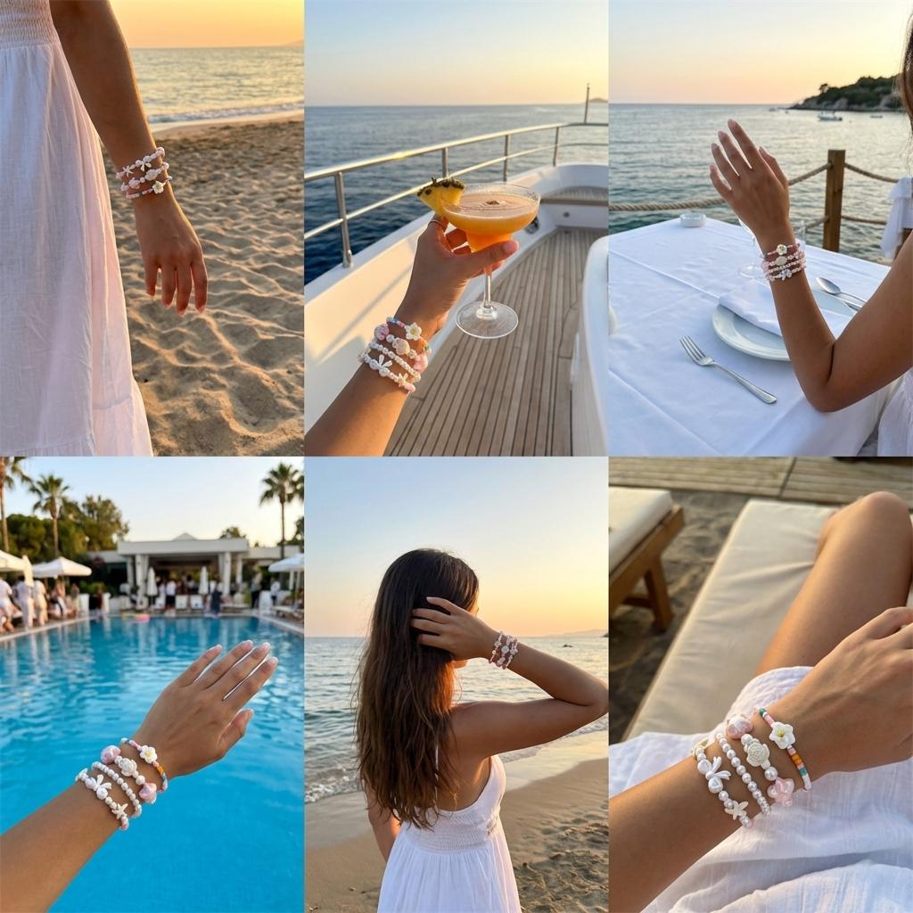 Boho Layered Resin Pearl Bracelet Set for Women Seed Bead Plumeria Flower Bow Starfish Turtle Surfer Girl Summer Jewelry