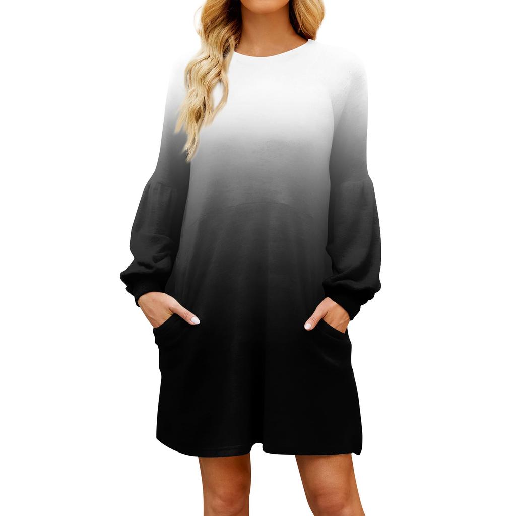Модное женское платье трапециевидной формы с длинным рукавом. Осенний повседневный пуловер с круглым вырезом. Свободное платье с карманами.