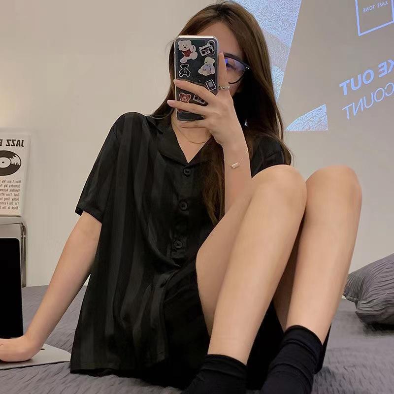 Summer Women's Ice Silk Ins Korean Vertical Stripes Simple Pajamas Homewear Set Girls Short-Sleeved Shorts Loose Suit