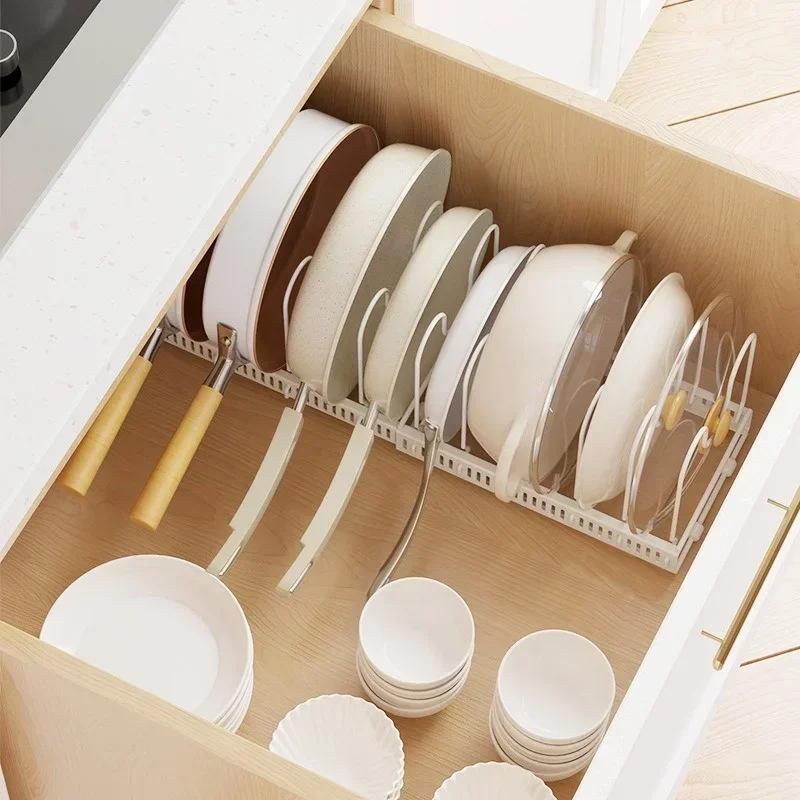 Pot Rack Bowl and Plate Storage Rack Expandable Pans Storage Rack with 7/10 Adjustable Compartments Kitchen Cabinet Storage Rack