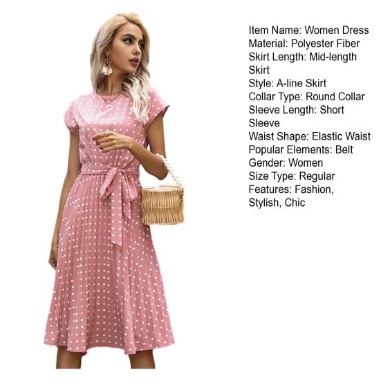 Women's Polka Dot Print Midi Dress Crewneck Short Sleeve A-Line Dress with Belt Summer