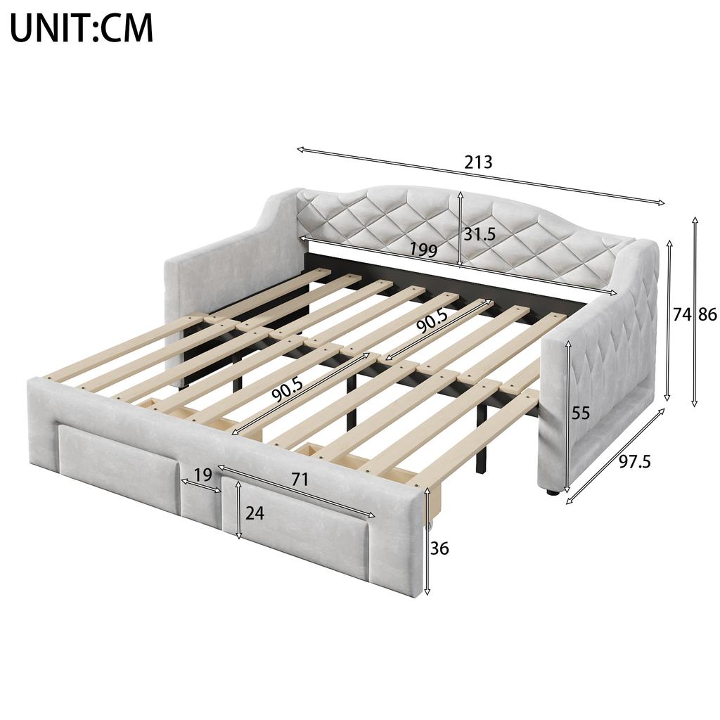 Upholstered Daybed (90x200 to 180x200 cm) with Two Drawers and LED Lighting, Grey
