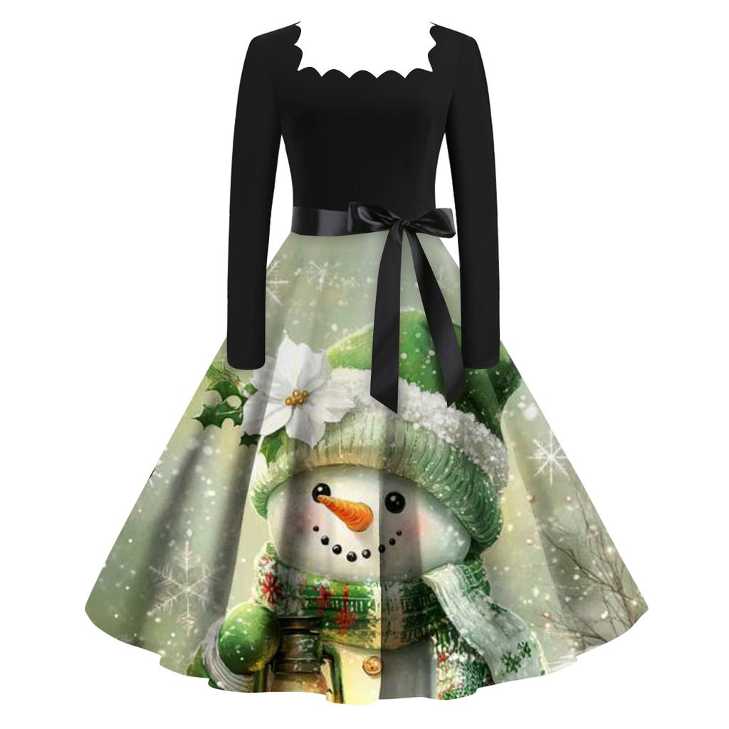 Женское модное ретро вечернее платье с длинным рукавом, квадратным вырезом и рождественским принтом