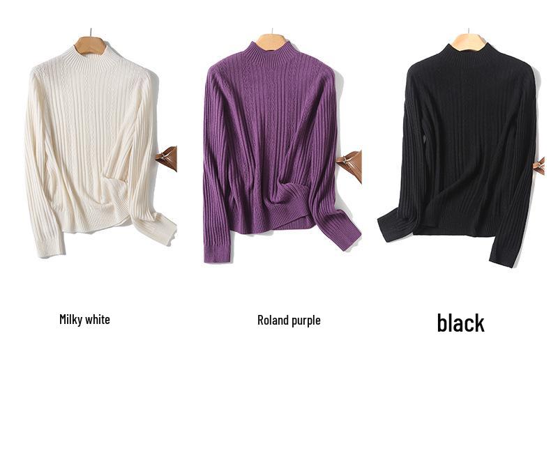 Women's Small Cable Knit Wool Sweater - Half-High Neck, One-Piece Design, BN692.