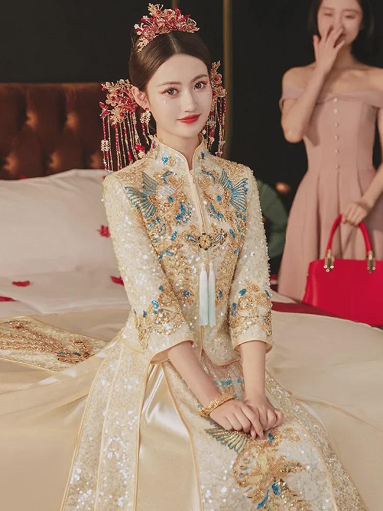 Xiuhefu 2025 Elegant Chinese Bridal Champagne Dress - Summer Dragon & Phoenix Kimono Gown