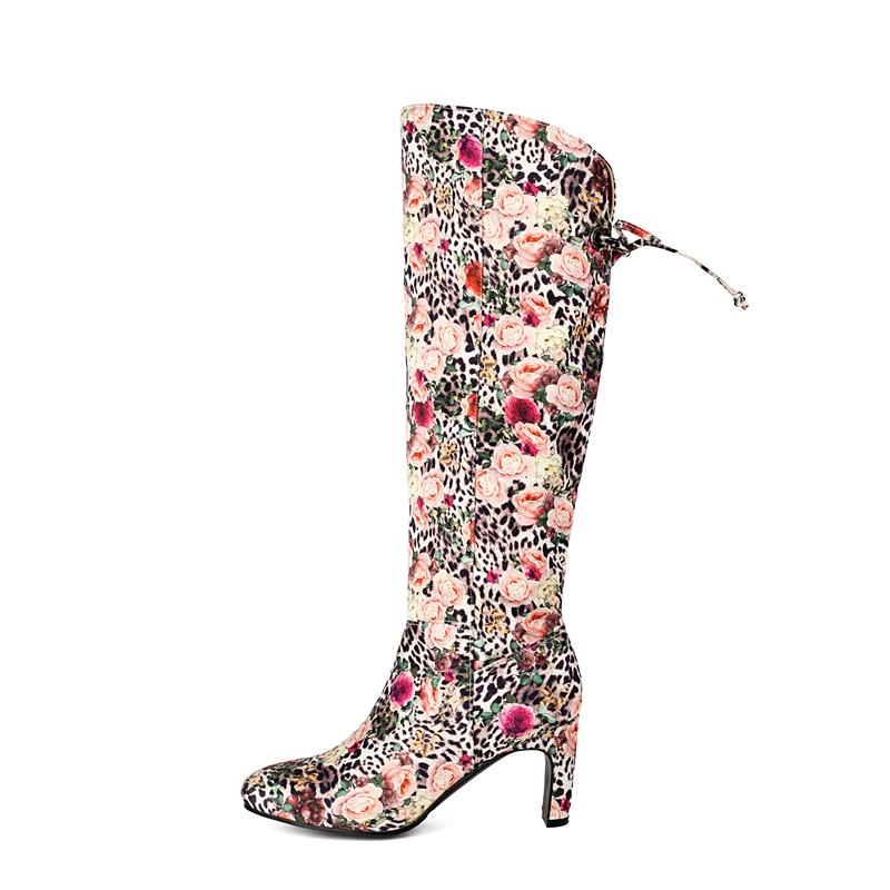 Autumn/Winter New Trade Round Toe Patchwork High Heels Knee High Boots Floral Fabric Keep Warm Women's Shoes Big Size 35-43