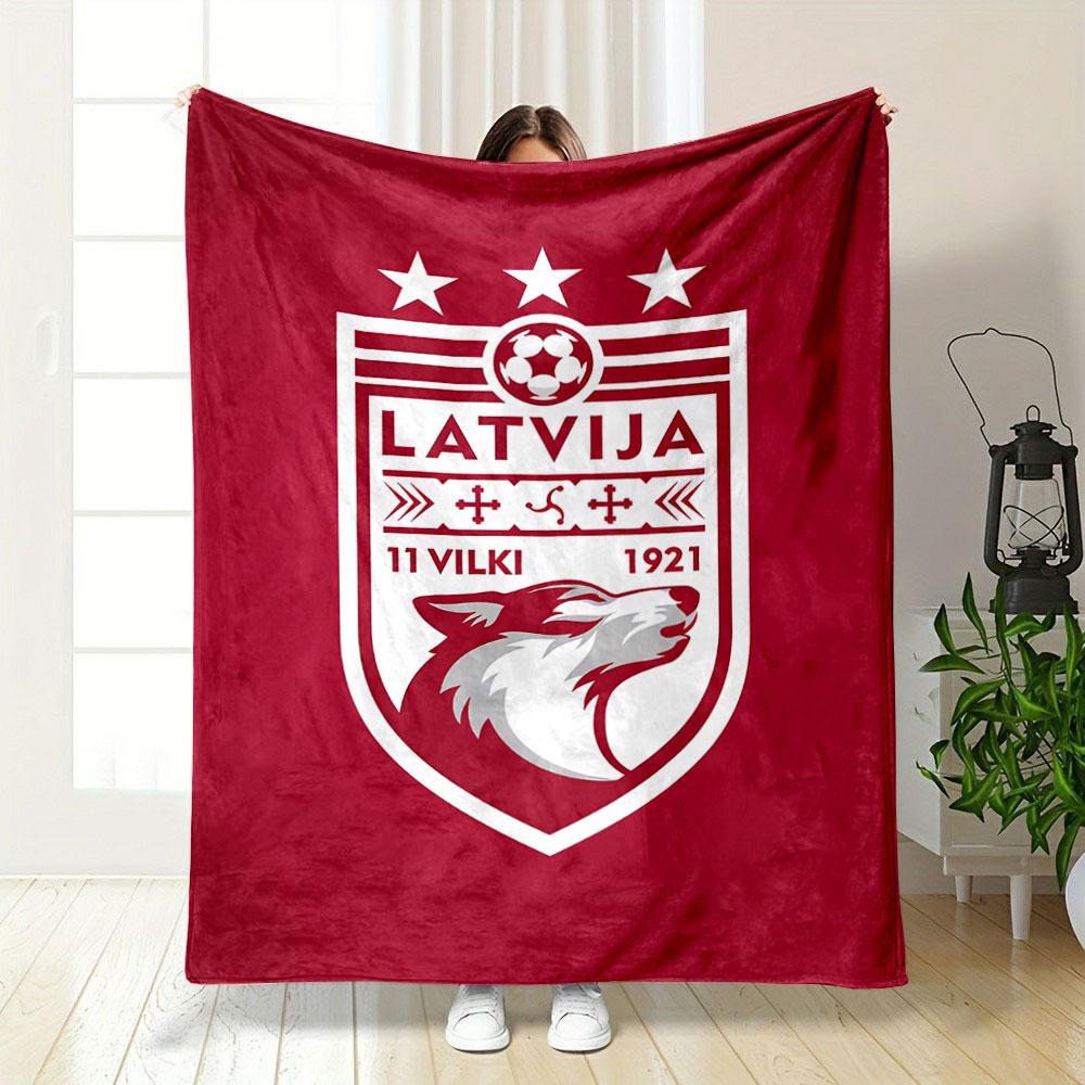 Artistic Latvia Football Team Crest Emblem Red Plush Blanket, Chunky Knit Throw for Sofa Nights, Soft Velvet Blanket for Lounging