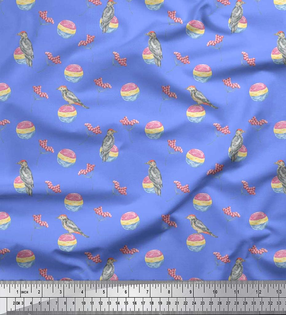 Soimoi Черная полиэстеровая креповая ткань с принтом красных ягод и птиц-дятлов по метрам 42 дюйма