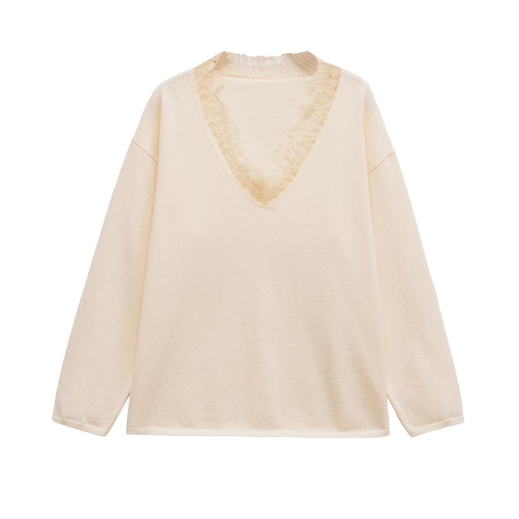 Women's French Chic Wool Blend Lace Knit Sweater for Autumn/Winter