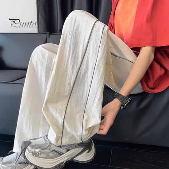 Men's Quick-Dry Baggy Trousers Drawstring Waist Loose Fit Pants Lightweight Casual Trousers with Side Lines Decoration for Street Vacation