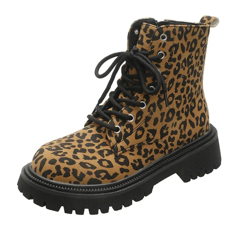 Fashion European American Leopard Print Short Boots 2024 Autumn Winter British Style Thick Soled Short Tube Motorcycle Boots for Women