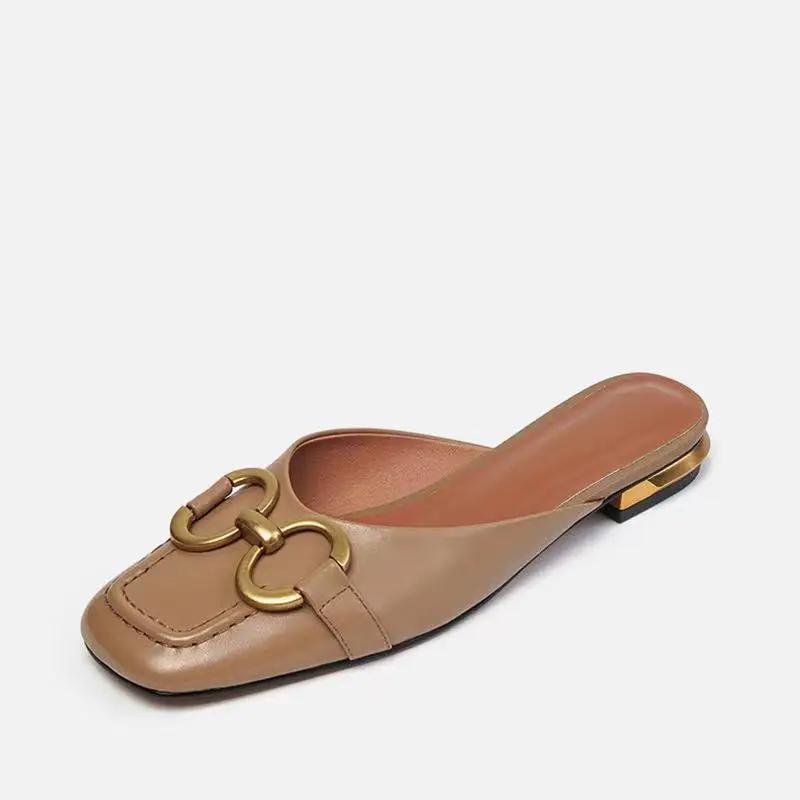 Модные французские ретро-тапочки Baotou, женские туфли на плоской подошве, лето 2024 г., новые туфли Muller с квадратным носком для женщин