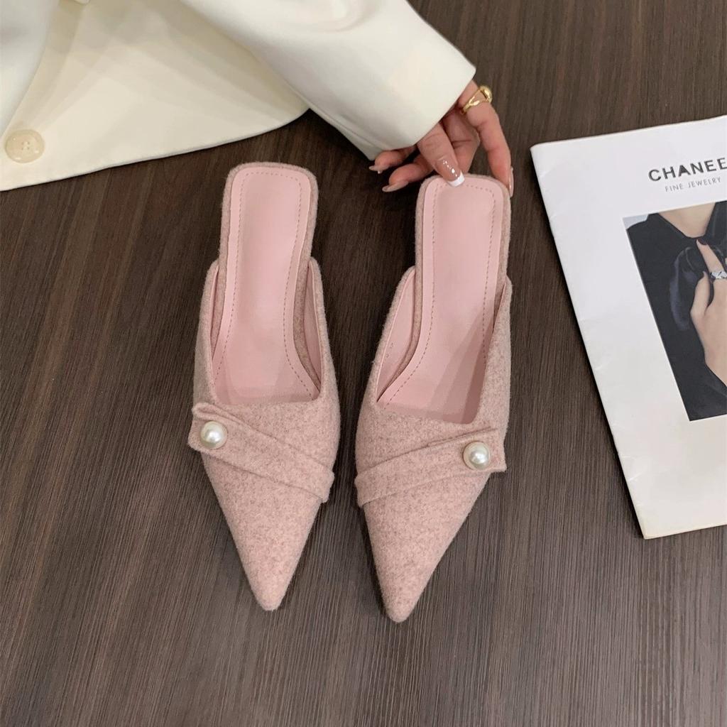 Грубый каблук французский темперамент маленькая ароматная сумка головка полутапочки женская обувь носить 2025 весна и лето остроносый головка полуподдержка одиночные туфли