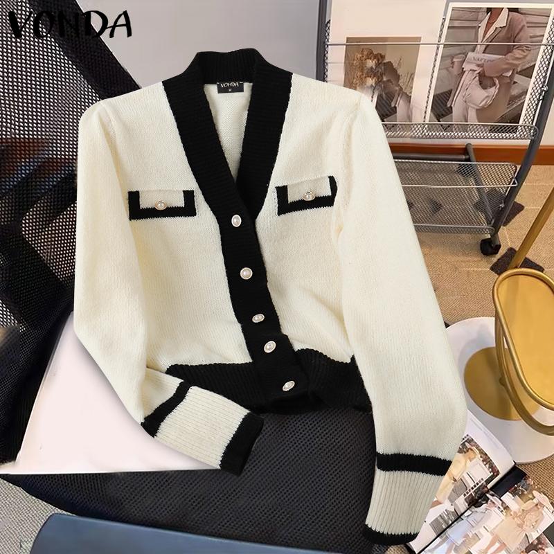 VONDA Women Autumn Winter V-Neck Long Sleeve Patchwork Knittes Cardigans Swerters