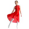 Kids Girls Figure Skating Dance Dress Sleeveless Mock Neck Cutout Back Side Split Asymmetrical Hem Sparkly Rhinestone Dresses