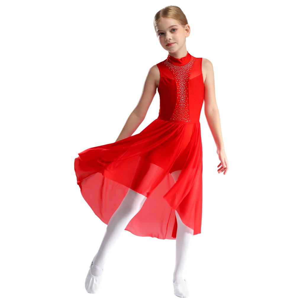 Kids Girls Figure Skating Dance Dress Sleeveless Mock Neck Cutout Back Side Split Asymmetrical Hem Sparkly Rhinestone Dresses